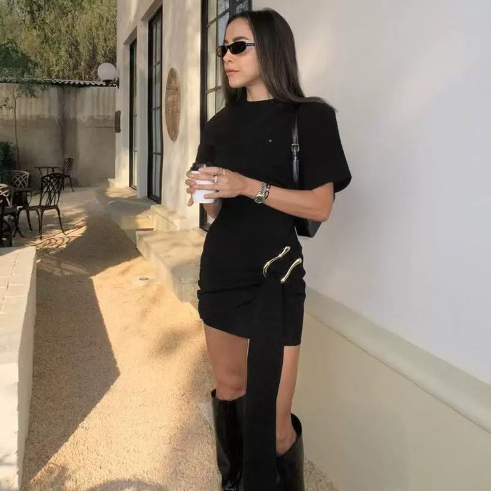 Zara Metal Button Round Neck Short Dress